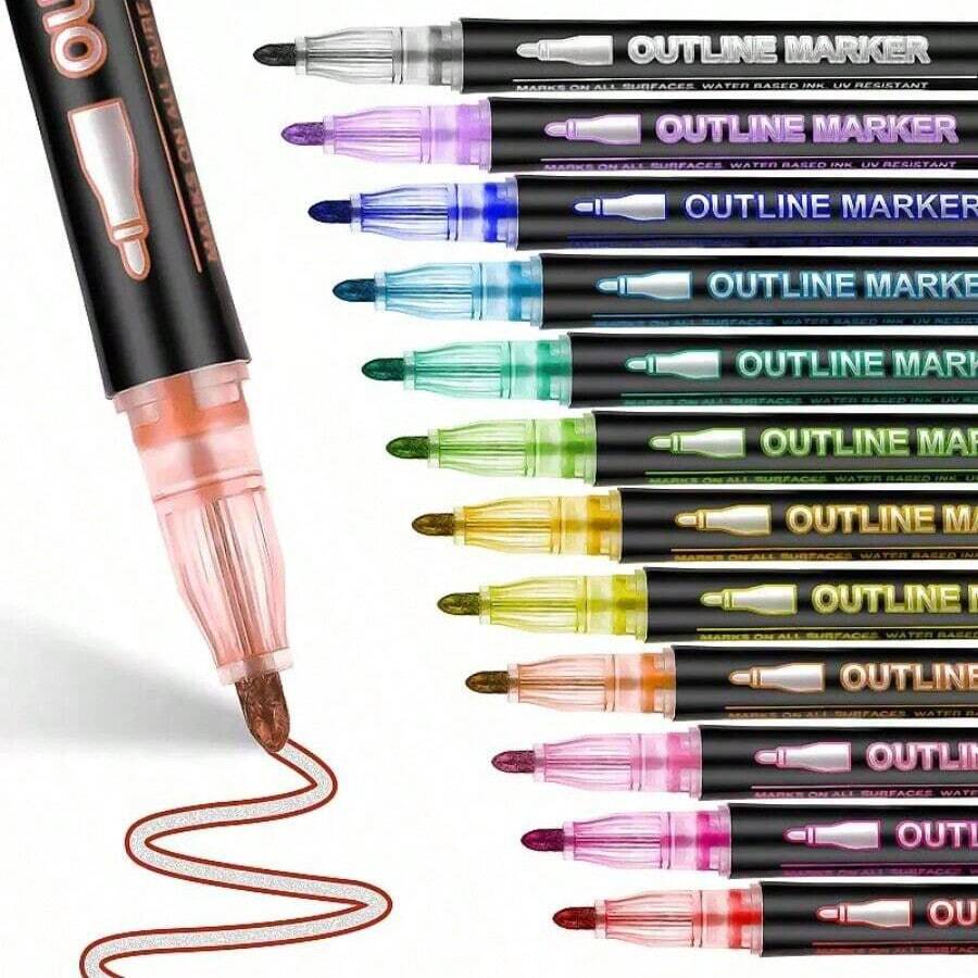8/12/24/36/48 Colors Dual-Line Contour Pen, Glitter Metallic Pen, Colorful Fluorescent Marker Pen,Acrylic Markers, Marker Pen Set,Perfect For Painting, Illustrations, Handcrafted Art,School Back-To-School Season For Coloring Books And Other DIY Projects,Suitable For Paper, Fabric, Wood, Rocks, Plastic, Glass, Ceramics, Pumpkins, Etc., Acrylic Paint Marker Pens For Students And Adults, Easter,Thanksgiving, Halloween, Christmas Gifts