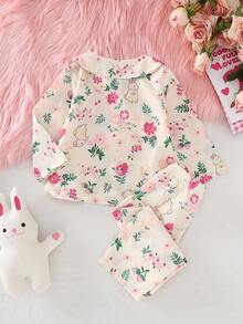 女婴淡桃色兔子和花卉印花领开衫和裤子两件套休闲家居服 - 彩色 - 查看 3
