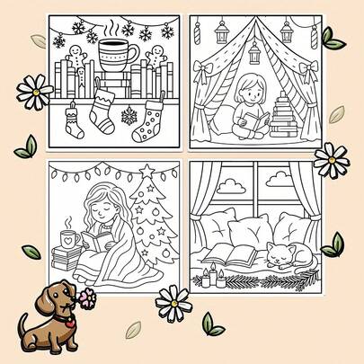节日主题涂色书 - 温馨阅读角，圣诞书籍和节日场景，送给爱书人的礼物，圣诞涂色书