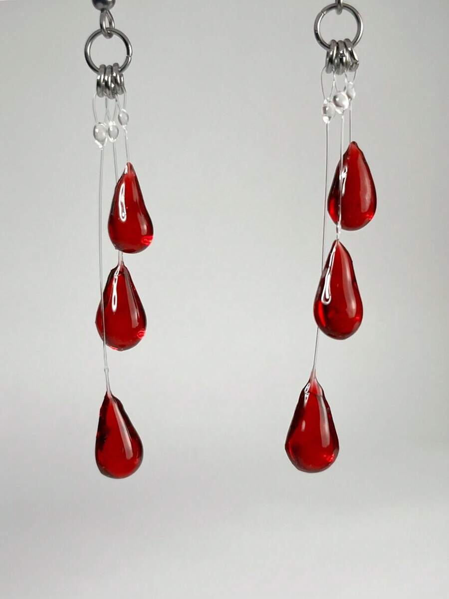 1 Pair Fashionable Dark Faux Blood Drop Halloween Earrings, UV Resin Handmade Earrings Suitable For Women's Daily, Party, Vacation Wear, Halloween Gift - Red - View 1
