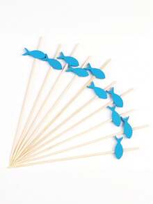 1 Set/25pcs Handmade Natural Bamboo Cocktail Sticks, Appetizer Skewers For Cocktails, Appetizers, Fruits, Desserts - Blue Fish Design - Blue - View 12