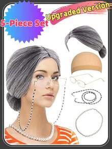 5Pcs Women's Wig COS GRANDMA Short Curly Hair GRANDPA Middle-Aged And Elderly Sketch Dressing Set, Grandmother Role-Playing Set, Interesting Elderly Woman Dressing Set Wearing Wig Hat, Pearl Necklace, Glasses Chain, Realistic Grandmother Costume Wig, Elderly Woman Costume Set Halloween Costume Party Elderly Woman Wig, Stage Performance Costume, Party Decoration Photography Props, Perfect For Giving To Family And Friends