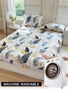 1pc Tree Branch, Leaf & Flower Pattern Fitted Sheet, Mattress Protector, Christmas Bedding, Soft & Breathable, Fits Various Bed Sizes, Christmas Gift