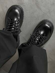 复古圆头厚底男士正装鞋，系带英伦风格男士正装鞋，派对婚礼时尚休闲皮鞋 - 黑色 - 查看 4