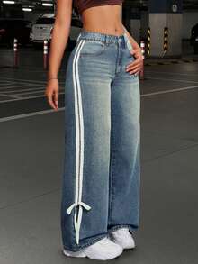 Autumn Women's Clothing, American Style Side Striped Jeans, Women's Design Sense, Washed Casual Pants, Fashionable Loose Wide Leg Mid Waist Jeans