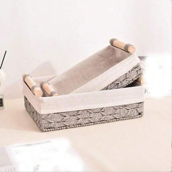 1pc Farmhouse Style Woven Storage Basket With Lining And Handles - Decorative Tabletop Organizer Box For Clothes, Towels And Miscellaneous Items - Rattan And Wicker Basket For Bathroom, Bedroom And Living Room