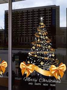 1 Stück Goldener Weihnachtsbaum Fensteraufkleber, Weihnachtsbaum und Fröhliche Weihnachten Muster Aufkleber, geeignet für Weihnachts-Schlafzimmer, Wohnzimmer, Badezimmer Dekoration, kann als Geschenkdekoration, Wandaufkleber, Fensterglasaufkleber verwendet werden, sehr geeignet für Weihnachtsfeiern, Innen- und Außendekoration Zuhause, Fensterdekoration, Feiertags- oder Saisondekoration