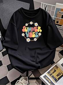 Camiseta gráfica retro de verano para mujer, elegante camiseta de manga corta con cuello redondo y estampado de margaritas, top informal de corte relajado, perfecta para vacaciones y uso diario. - Negro - Ver 2