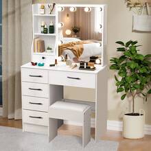 6 Drawers Vanity Set W/ Lighted Sliding Mirror And Stool Bedroom Dressing Table - Perfect For Organizing Makeup, Skincare, Elegant Vanity|Decorative Vanity, Vanity Furniture, Compact For Small Space, Bedroom Decor Gift, Perfect Gift For Women Girls , Gifts Suitable For Christmas And Halloween - 白色 - 查看 5
