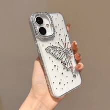 Butterfly 1pc Transparent TPU Anti-Drop Phone Case, Single Electroplated Silver Lens Frame Protective Cover, DIY Rhinestone Bow Pattern Phone Case, Luxury Rhinestone Suitable As Gift For Loved Ones, Compatible With IPhone 16 Pro Max, 15 Plus, 14 Pro, 13, 12 Pro, 11