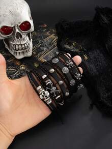 5pcs/Set Gothic Punk Style Fashionable Personalized Skull Rivet Metal Decor Accessories, Multi-Layer PU Leather Braided Bracelet, Suitable For Men's Daily Wear, Halloween Accessories - Black - View 3