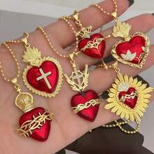 Collana con pendente smaltato a forma di croce rossa e cuore sacro, gioiello di moda religioso da donna, adatto per uso quotidiano