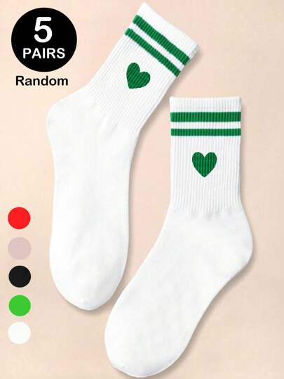 1/5 Pairs Heart-Shaped Parallel Bar Women's Mid-Calf Socks, White & Green Color-Blocking, Soft Casual & Comfortable, Mid-Tube Socks For Valentine's Day, Suitable For All Seasons, Halloween & Christmas Xmas Gift