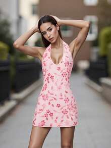 Floral Halter Mini Dress For Women Summer Fashionable Beaded Sleeveless Backless Bodycon Short Dress - 粉色 - 查看 7