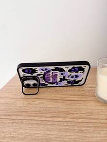1 Piece Halloween Pattern Metal Stand Phone Case With Black And Purple Ghost Pattern, Compatible With Magnetic Charging, Built-In Lens Protector And Adjustable Stand, Suitable For IPhone 16 Pro Max Phone Case/16E/15/14/13/12/11/Pro/Pro Max/Plus Phone Case - Black FS8222 - View 4