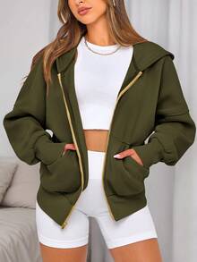 Women Casual Zipper Hoodie Long Sleeve Sweatshirt Y2K Hooded Jacket Fall Autumn Winter Going Out Clothes - 軍綠色 - 查看 2