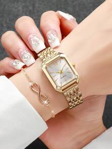 3pcs/Set Women's Gift Watch With Steel Band, Square Minimalist Roman Numeral Dial, Elegant Quartz Wristwatch + Bracelet + Necklace (Watch Box Not Included) - Gold - View 3