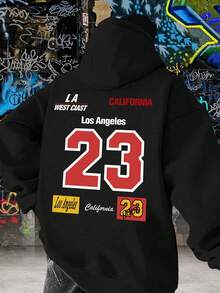 男士大码休闲简约黑色卫衣，日常穿着，字母和图案印花，长袖上衣 - 黑色 - 查看 1