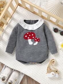 婴儿毛衣连体衣，甜美荷叶边领长袖三角按扣裆部连体衣，可爱蘑菇提花休闲连体衣 - 灰色 - 查看 2