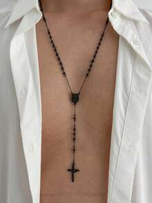 1pc Vintage Style Beaded Chain Cross Pendant Necklace, Stainless Steel Long Chain, Suitable For Men's Daily Wear, Halloween Accessory