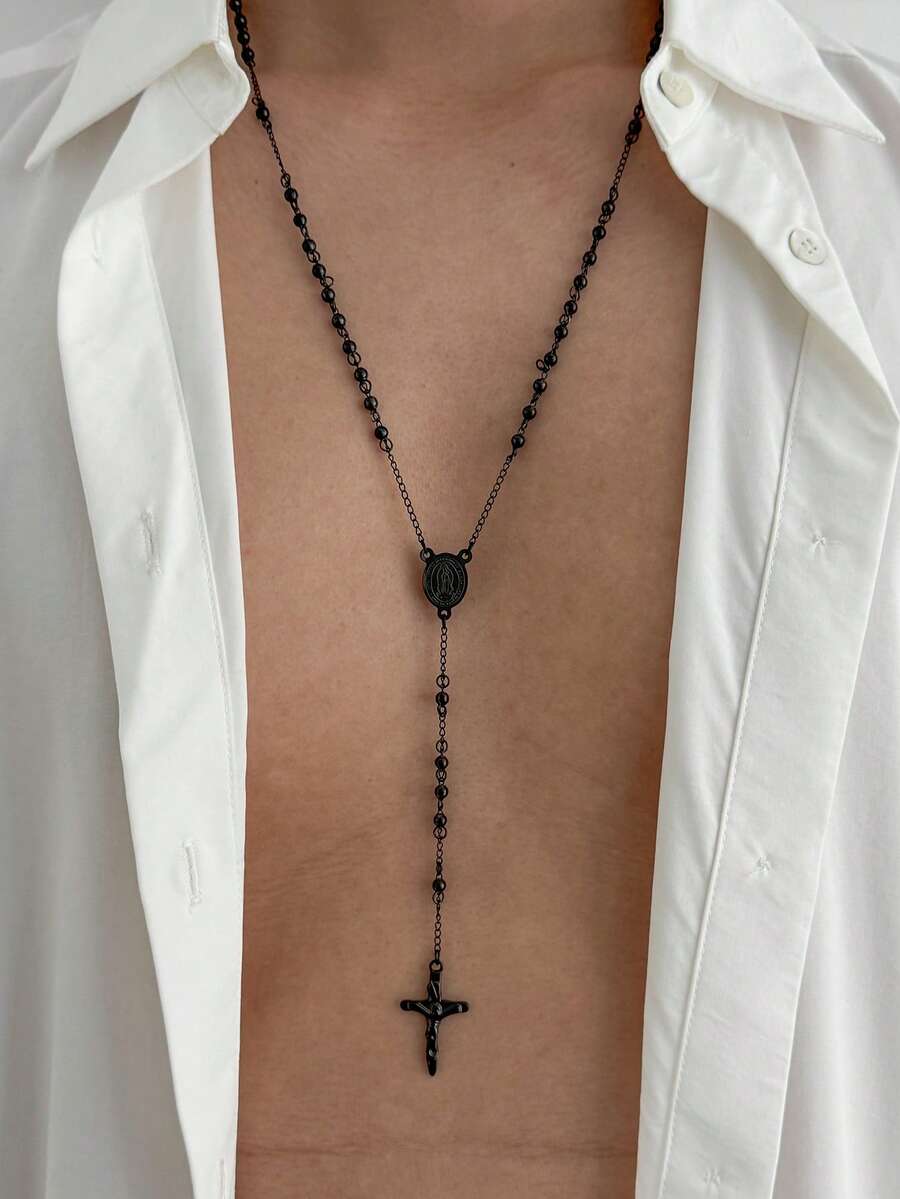 1pc Vintage Style Beaded Chain Cross Pendant Necklace, Stainless Steel Long Chain, Suitable For Men's Daily Wear, Halloween Accessory