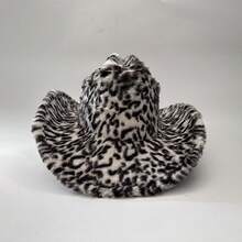 Furry Leopard Print Cowgirl Hat British Style Upturn Brim Western Hat  Jazz Cap For Women Men For Fall Winter - 黑色 - 查看 1