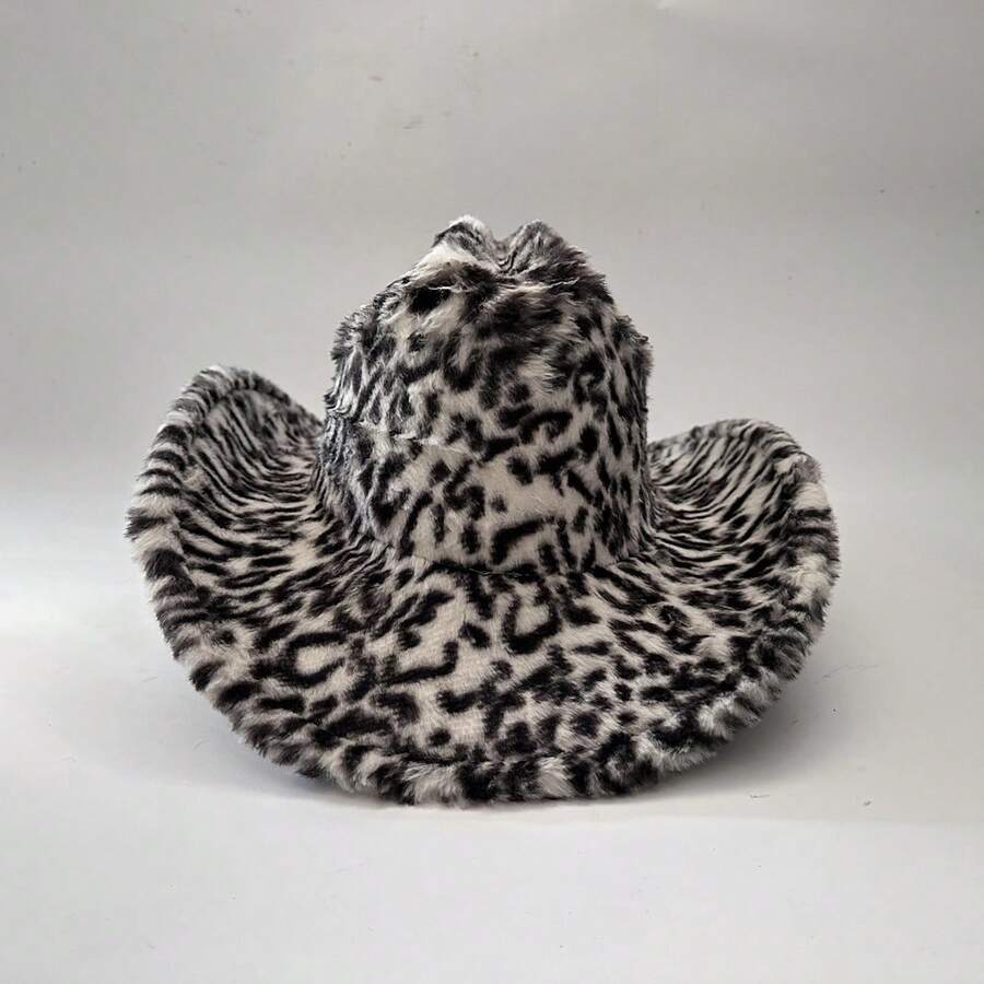 Furry Leopard Print Cowgirl Hat British Style Upturn Brim Western Hat  Jazz Cap For Women Men For Fall Winter - 黑色 - 查看 1