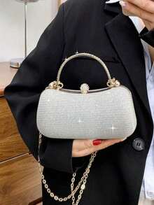 Shiny Sequin Luxury Mini Rhinestone Decorated Box Bag, Evening Clutch, Faux Pearl Metal Chain Crystal Decor, Suitable For Party Girls, Ladies, Brides, Perfect For Party, Wedding, Prom, Gala - Multicolor - View 7