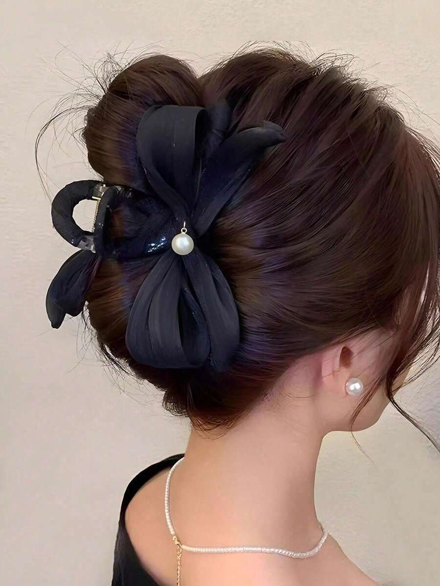 1pc Women's Black Bow Faux Pearl Large Sweet Hair Claw Clip For Updo Hair Accessories Fashion Hair Clips Autumn Hair Clutch Fall Fashion Hair Claw Winter For Vacation Outfits Woman