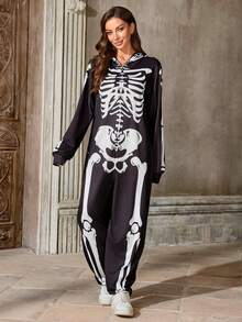Halloween Skull Print Jumpsuit With Hood, Masquerade Party Costume Suitable For Carnival, Halloween Stage Performance