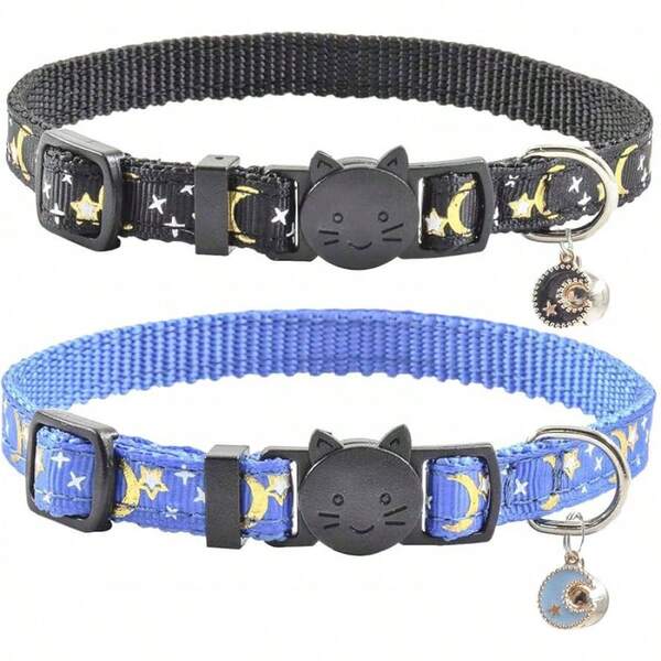 2 PCS Breakaway Collar With Bell, Cute Adjustable Kitten Collars With Accessories (Blue Black)
