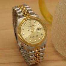 PROKING 1pc 40mm Men's Watch, Luxury Business Waterproof Stainless Steel Case & Band Quartz Watch With Calendar, Luminous Pointer, Black Dial With Rhinestones, Suitable For Daily Wear, Birthday Gift - Gold - View 2