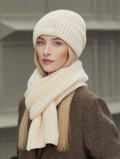 2 Stücke einfarbiges Mützen- und Schal-Set, Damen Herbst/Winter thermisch gefütterte dicke warme Beanie Mütze, Oversized gestrickte Ohrenwärmer Mütze und Halswärmer Schal, geeignet für Winter und Weihnachten