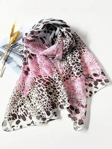 1条女士时尚印花雪纺真丝围巾，轻盈透气，中长款，适合日常佩戴，可作头巾、发带使用，提升整体造型，春季新品上市 - 粉色 - 查看 5