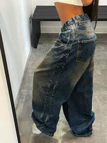 Women's Casual Loose Fit Straight Leg Denim Jeans, Versatile For Daily Commute And Street Style - Dark Wash - View 3
