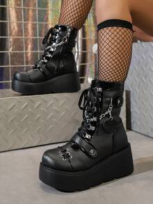 Damskie buty sportowe jesień i zima 2025 w stylu punk z grubym dnem i okrągłym noskiem, zapinane na zamek błyskawiczny z boku, czarne, brzoskwiniowe, serduszko, damskie, wysokiej jakości, lekkie, antypoślizgowe, miękkie i wygodne, podwyższone buty robocze, damskie, poliuretanowe, zintegrowane, smukłe, podwyższone buty, Halloween, studentki muszą podwyższyć smukłe, uniwersalne buty do uprawiania sportów na świeżym powietrzu, buty zimowe, czarne buty na obcasie, czarne buty na obcasie dla kobiet, brązowe buty świąteczne - Czarne - Zobacz 4