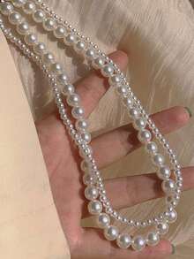 1件双层珍珠颈链，优雅法式仿珍珠缠绕式项链，奢华简约仿珍珠项链，独特设计串珠项链 - 白色 - 查看 5