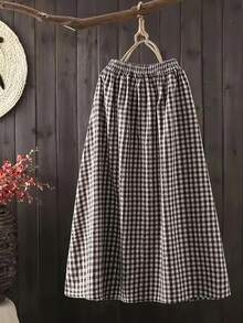 Plus Size Elegant Plaid Woven Fabric Elastic Waist Versatile Polyester Plaid Skirt, Suitable For Brunch And Everyday Wear, All Seasons Black Spring - Black - View 2