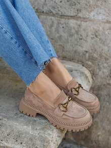 Mocassins femme semelle épaisse avec mors doré – أسلوب أنيق وحديث - كاكي - مشاهدة 1