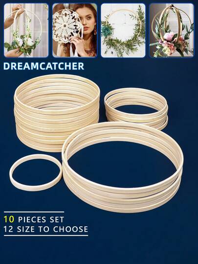 10pcs Beige Dreamcatcher Bamboo Hoops, Outdoor Lawn Wedding Hanging Decor, Feather Wind Chimes Decoration Rings, Suitable For Halloween, Christmas And Other Holidays, Bamboo Material Decorative Circles For Room Wall, Bedroom Decor, Embroidery Hoops For DIY Craft