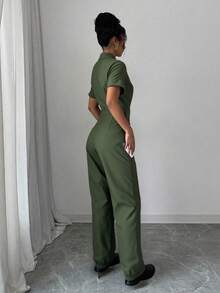 Nuevos pantalones de trabajo para mujer para el otoño y el invierno, para una elegancia informal en el día a día. Mujer jumpsuit estilo moderno con cierre, ajuste holgado, cuello tipo camisa, manga corta, primavera-verano, ideal para uso diario, categoría de moda. - Verde - Ver 3