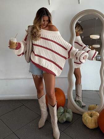 Damtröja med rund hals och färgblock, lös och mjuk, vintage- och vinterklädsel