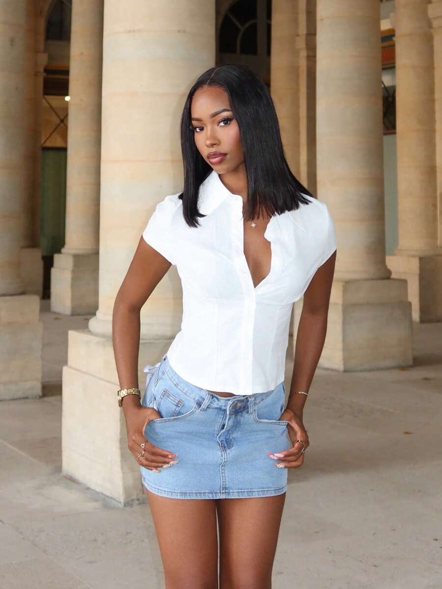 Mima John Women's Elegant Spring/Summer Commute Daily Casual Solid White Short Sleeve Pleated Waist Shirt - White - View 1