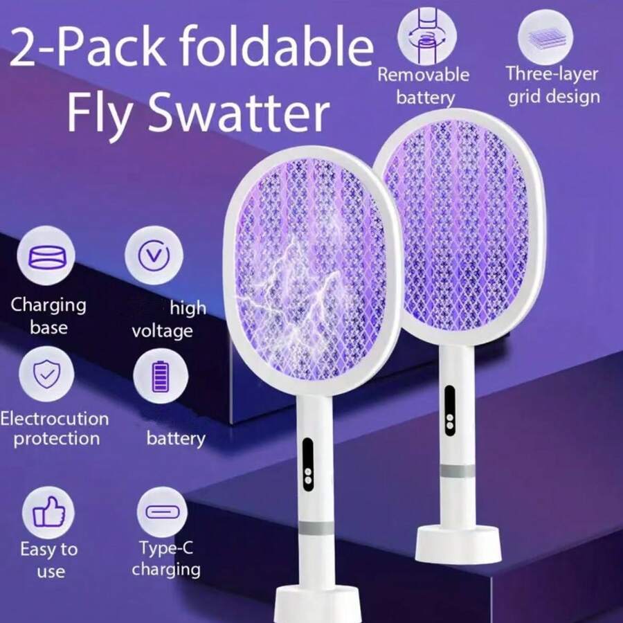 OBOVAY 2PCS Powerful Bug Zapper Electric Mosquito Swatter Mosquito Trap Lamp USB Rechargeable Fly Swatter Racket 2-In-1 Insect Killer Zapper With 3 Layer Mesh Portable Bat For Indoor Outdoor Garden Patio,500mAh