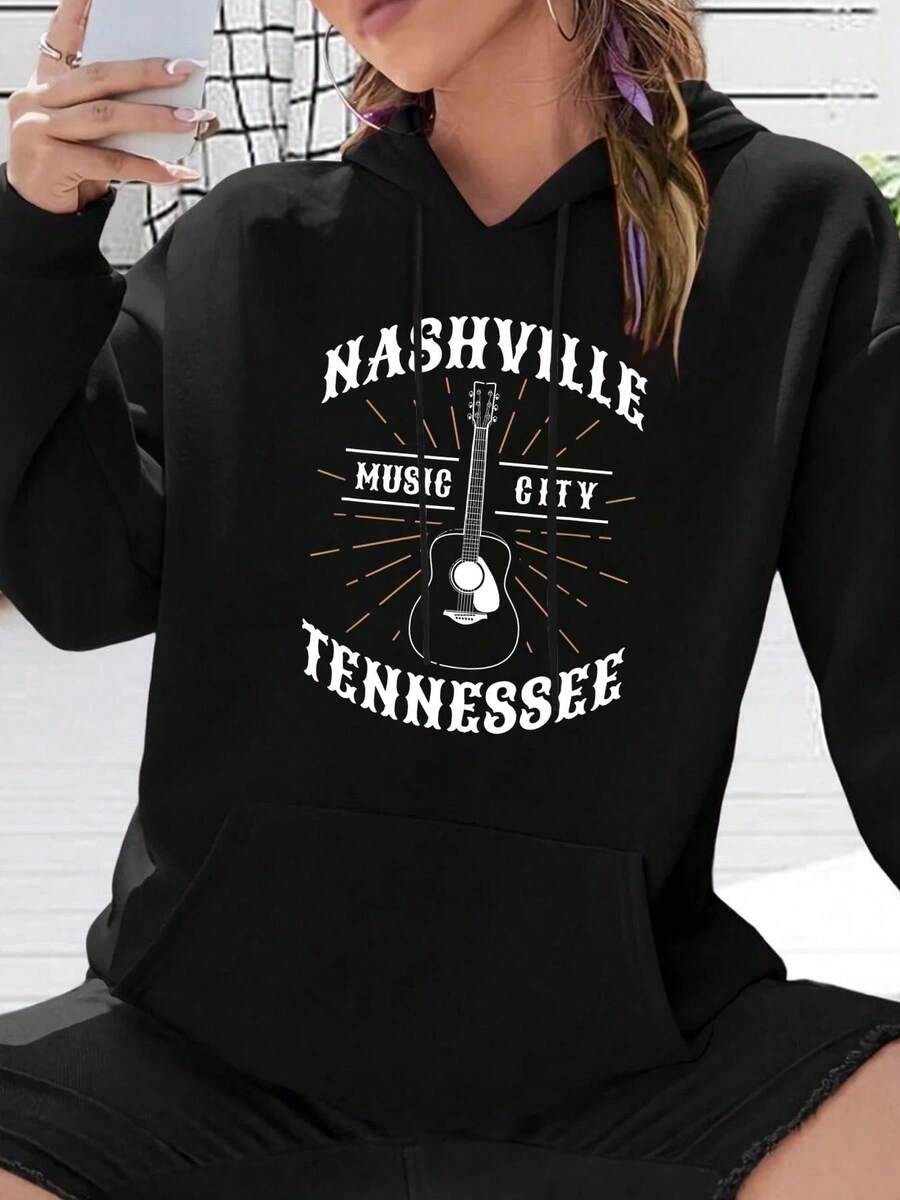 Nashville Music City Tennessee Guitar Country Music Hooded Sweatshirt Unisex Casual Pullover Hoodie, Soft Warm Sweatshirt, Fall Winter Outfit - 黑色 - 查看 1