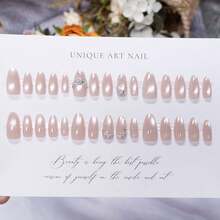 24Pcs Cat Eye Press On Nails Bulb Shape Nude Pink False Nails With Diamond Glitter Full Cover Glue On Nails Medium Length Manicure Set - Bạc - Xem 3