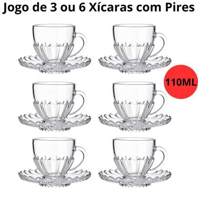 Jogo de Xícara com Pires 6 ou 12 Peças Cafe e Cha Brasiliano Transparente Vidro 110ml Decorada Luxo