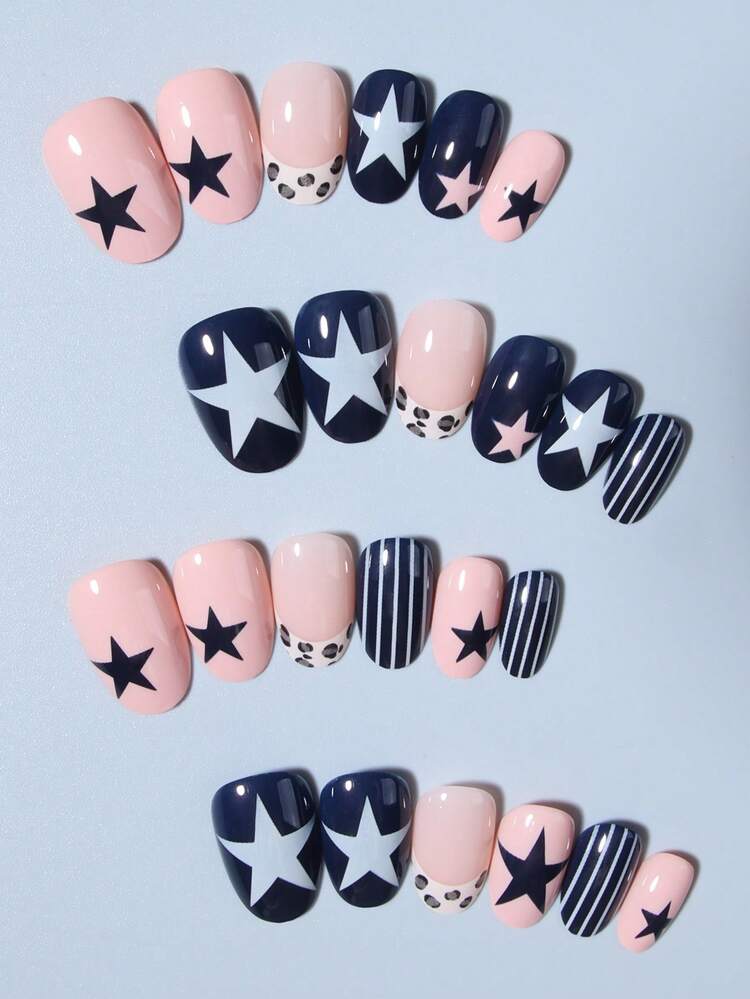 24pcs Oval Star Leopard Print French Manicure Nail Stickers Set, Includes: 1pc Jelly Gel And 1pc Nail File, Suitable For Women And Girls For Daily, Party And Other Occasions Nails Nail Supplies - Multicolor - View 3