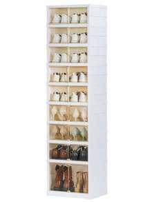 6layers Foldable Shoe Rack Organization Rack, Wardrobe Plastic Shoe Rack, Foldable Shoe Storage Box, Transparent Shoe Box With Door, Easy To Assemble Shoe Cabinet. - White - View 2
