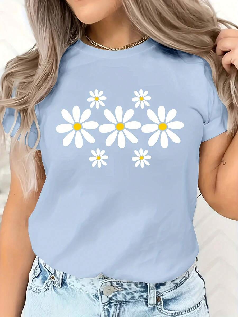 Valentine's Day European And American Spring Summer Women's Clothing Small Daisy Print Casual T-Shirt Loose And Comfortable Summer Tops White Top - 淺藍色 - 查看 1